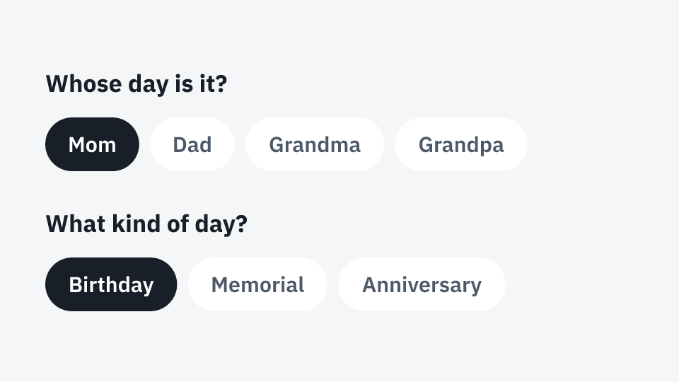 Whose day is it? Mom · What kind of day? Birthday
