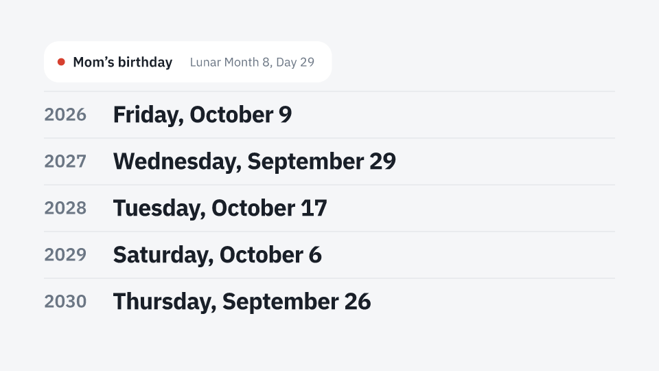 Mom’s birthday · Lunar Month 8, Day 29: 2026 Friday, October 9, 2027 Wednesday, September 29, 2028 Tuesday, October 17, 2029 Saturday, October 6, 2030 Thursday, September 26